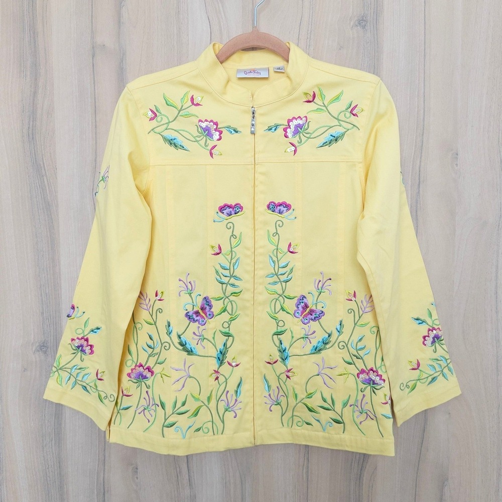 Quacker Factory‎ Embroidered Jacket XS Yellow Floral Butterfly Sequin Cottage